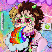An illustration of a white boy with fluffy split dyed black and brown hair. He is throwing up a colorful rainbow cloud.